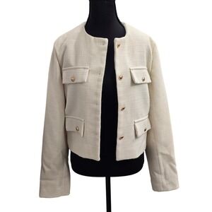 Womens Cream Tweed Cropped Jacket Round Neck Gold Button Pockets Size S